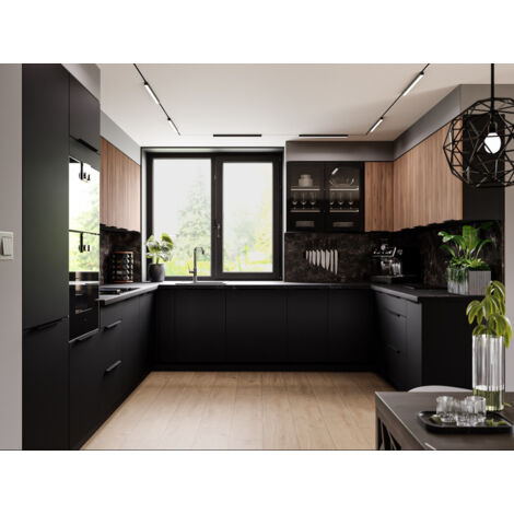 Azura Home Design – Cuisine complète à angle double noire – Ensemble en U avec colonnes réfrigérateur et four – 9 meubles hauts en noyer – Rangement optimisé (1/5)