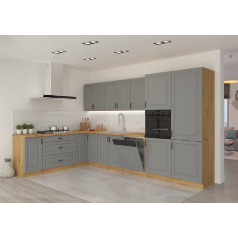 Azura Home Design – Ensemble cuisine en L STILO gris poussière/chêne 210x350 cm – Meubles avec tiroirs premium SOFT CLOSE – Finitions en MDF et stratifié (1/5)