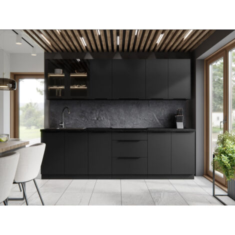 Azura Home Design – Cuisine complète Siena noire 260 cm – 4 meubles hauts et 4 meubles bas – Finition noir mat – Montage simple et rapide (1/5)