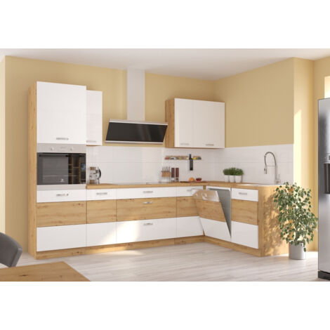 Azura Home Design – Ensemble cuisine complète en L-ARTISAN blanc brillant/chêne artisan 285x110 cm – Tiroirs PREMIUM BOX avec fermeture douce – Charnières amorties (1/5)
