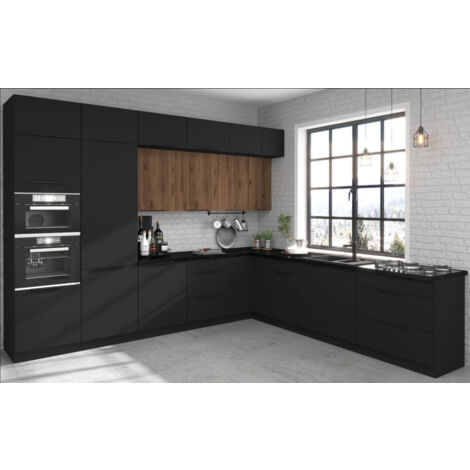Azura Home Design – Cuisine d'angle noire 330x210 – Meubles en noyer et noir mat – Colonne four et micro-ondes – Rangement optimisé et esthétique moderne (1/5)