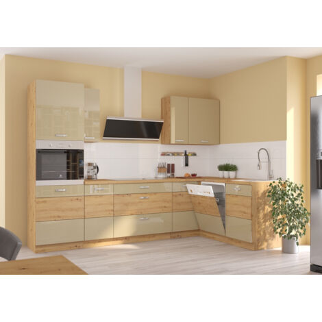 Azura Home Design – Ensemble cuisine en L cappuccino brillant/chêne artisan 285x110 cm – Poignées métal chromé – Tiroirs PREMIUM BOX avec fermeture douce (1/5)