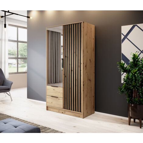 Armoire 2 portes MELODIE 105 cm chêne avec miroir (1/4)