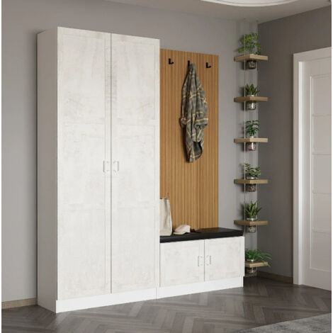 Azura Home Design – Meuble d'entrée Kale 180 cm crème et bois – Dimensions 180x210x35 cm – Panneaux de particules mélaminés – 4 crochets métal