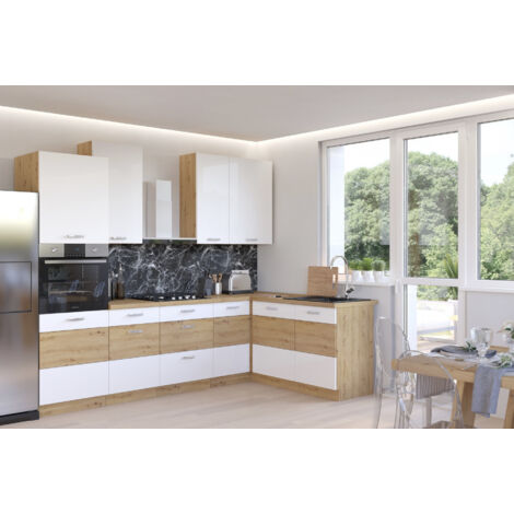 Azura Home Design – Ensemble cuisine en L blanc brillant et chêne artisan 285x110 cm – Tiroirs PREMIUM BOX avec fermeture SOFT CLOSE – Charnières amorties (1/5)