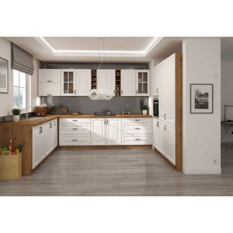 Azura Home Design – Cuisine complète Scandi blanc mat et chêne – Dimensions 265x300x180 cm – Tiroirs Premium Box – Fermeture douce sur portes et tiroirs
