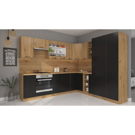 Azura Home Design – Cuisine d’angle Monza 270x235 cm – Finition chêne artisan et noir mat – Panneau stratifié 16 mm – 16 modules avec rangements intelligents (1/5)