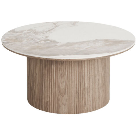 Azura Home Design – Table basse ronde 80 cm – Plateau en céramique effet marbre clair – Socle en bois cylindrique texturé – Hauteur 40 cm