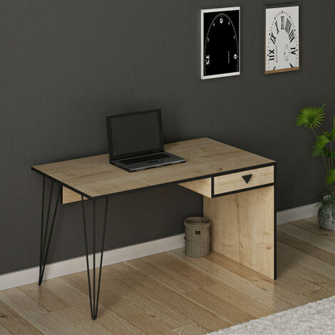 Azura Home Design – Bureau droit 120x60cm en bois clair et métal noir – Tiroir intégré – Design industriel chic – Dimensions optimales pour petits espaces (1/3)