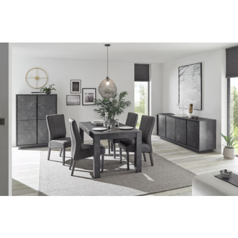 Azura Home Design – Salle à manger complète effet marbre noir – Table extensible 137(185)x79x90 cm – Buffet 4 portes 180x70x43 cm – Argentier 4 portes 92x145x43 cm