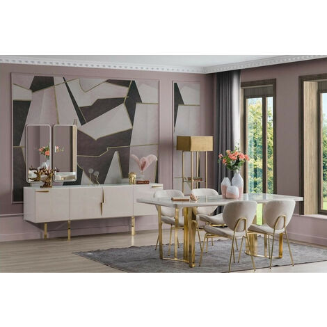 Azura Home Design – Salle à manger complète 6 places – Table 200x100cm – Buffet 220x50cm – Chaises en lin – Panneaux mélaminé blanc et doré