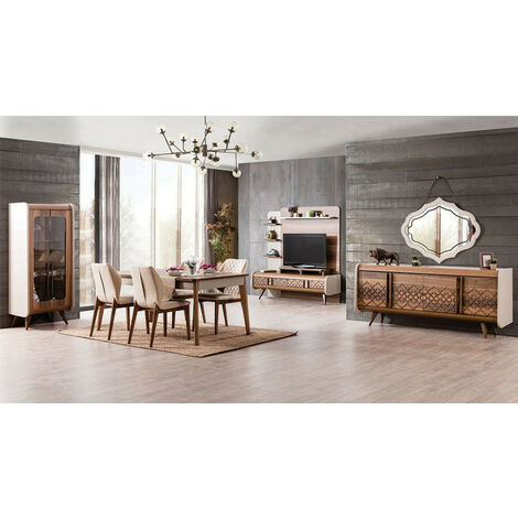 Azura Home Design – Salle à manger complète VEGA extensible 176-216 cm – Buffet 194 cm – Panneaux mélaminé – Chaises tissu polyester et bois