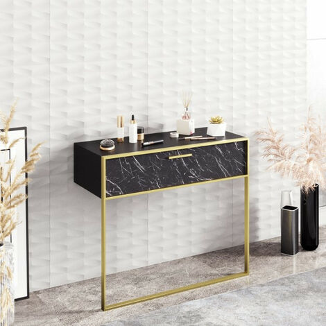 Azura Home Design – Console POLKA 90 cm noir effet marbre – Tiroir basculant spacieux – Structure en métal doré – Dimensions 90x38,5x77 cm (1/5)
