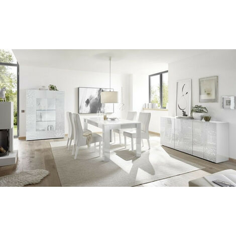 Azura Home Design – Salle à manger complète MIREL Blanc – 6 places – Panneaux de particules 16/22mm – Finition laquée – Poignées métal aluminium