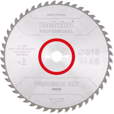 Metabo – Lame de scie circulaire 315mm – 48 dents WZ pour bois tendre et dur – Coupe nette et précise – Alésage 30mm – Largeur 2,8mm - MM 48 WZ