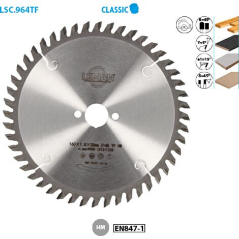 Leman – Lame de scie circulaire carbure D.160mm – Alésage 20mm – Épaisseur 2,5mm – 48 dents TP pour bois et aluminium (1/2)