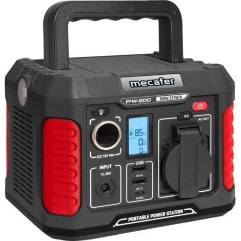 Mecafer – Station d’énergie lithium 600W – Batterie 231W/h – Écran digital de contrôle – Sorties 230V et USB – Poids 3,5 kg - PW600