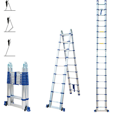 Echelle télescopique articulée 5,6m STEMPAKT, escabeau 2x9 marches pliable professionnel multifonction, H max travail 6,5m, garantie 5 ans, Hoström
