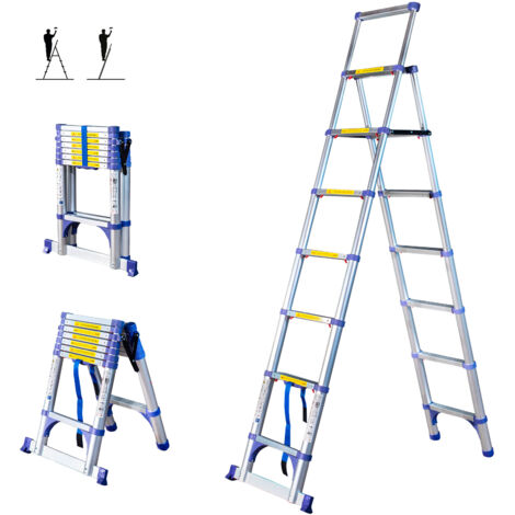 Escabeau 8 marches telescopique EXTENDACT8, Echelle telescopique 2,3 m+2m, escabeau pliable télescopique, H max travail 3,8m, Garantie 5 ans, Hostrom
