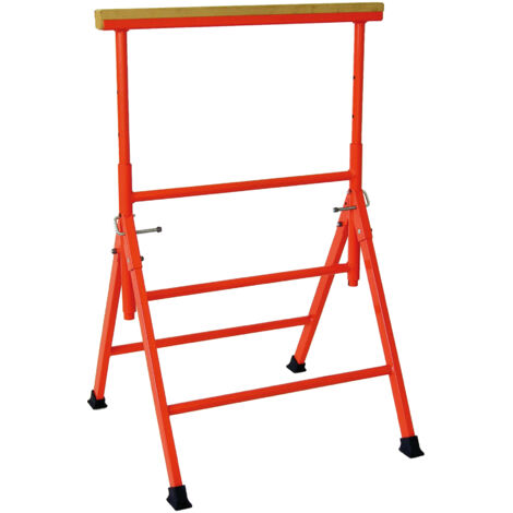 Tréteau professionnel réglable en hauteur avec poutre bois renforcée, structure acier robuste, stable, pliable et facile à transporter, idéal pour chantiers, ateliers et travaux de bricolage.