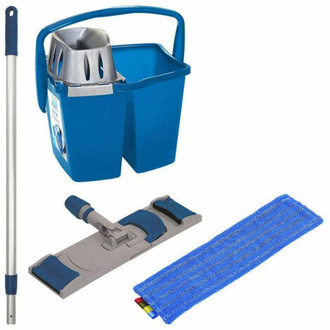 Outifrance – Kit de nettoyage complet – Seau double bac 2 x 7 litres – Essoreur intégré – Frange microfibre 15 x 43 cm – Manche télescopique 0,80 à 1,40 m (1/2)
