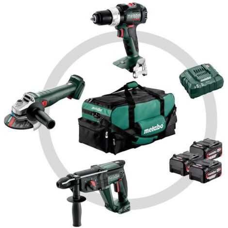 Metabo – Pack de 3 machines électroportatives 18V – Perceuse à percussion, meuleuse d'angle, marteau combiné – 3 batteries 5,2Ah et mallette souple