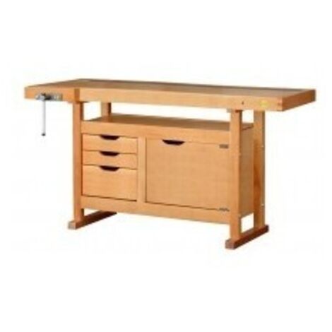 Outifrance – Établi en bois 1,50m avec 3 tiroirs et 1 porte – Plateau en bois multiplis 25mm – Presse avant horizontale 320mm – Caisson de rangement 75L