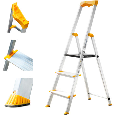 Hoström – Escabeau 3 marches aluminium pliable – Marches extra larges 12 cm – Charge max 150 kg – Norme EN 131 – Pieds antidérapants