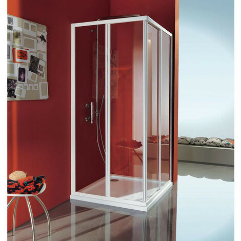 Samo - Paroi de douche d'angle ouverture coulissante 70-80 cm quatre panneaux profilé blanc verre transparent - Ciao (1/2)