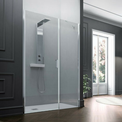 Samo - Porte de douche pivotante avec paroi fixe en ligne 97 - 101 cm profilés chromé brillant verre transparent - POLARIS (1/4)