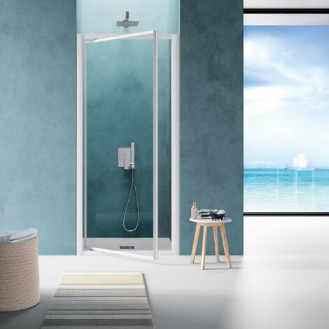 Samo - Porte de douche pivotante 77 - 85 cm Profilés blanc verre transparent - AMERICA (1/4)