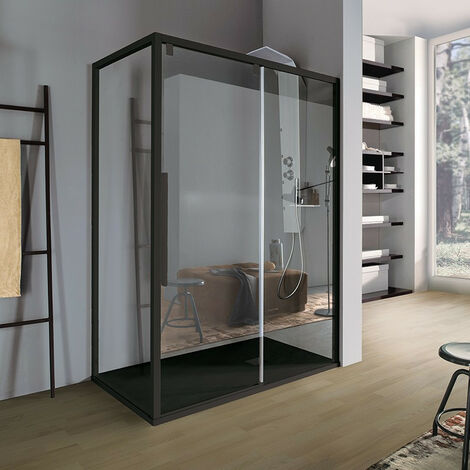 Samo - Porte de douche coulissante 2 panneaux 147-151 cm profilés noir mat verre transparent version Droite - ACRUX (1/3)