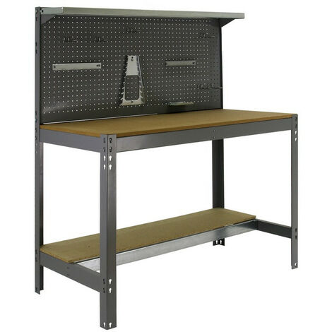 Simonrack – Établi d'atelier 1445 x 910 x 610 mm – Capacité 400 kg – Structure acier renforcé – Plateau aggloméré 16 mm – Panneau perforé et étagères