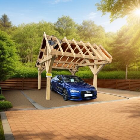FORESTA Carport en Bois LE3950ST Asymetrique Double Pente Sapin Contrecolle 19,7 m2 Poteaux 160 x 160 mm Passage 2,21 m PEFC France Garantie 2 ans (1/4)