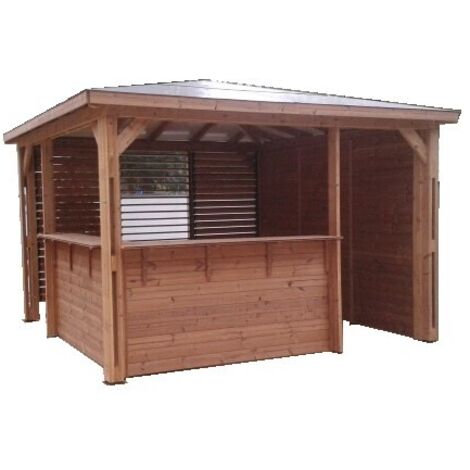 Habrita – Abri de jardin bois thermochauffé 3,50 x 3 m – 1 paroi pleine, 1 paroi avec ventelles orientables, 2 parois avec comptoirs – Toit panneaux ACP