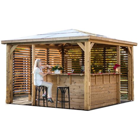 Habrita – Abri de jardin bois thermochauffé 3,79 x 3,79 m – Toit panneaux ACP – 2 parois ventelles mobiles – 2 comptoirs intégrés
