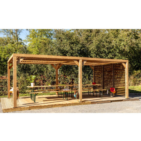 Habrita – Pergola en bois thermochauffé 20,93 m2 – Ventelles orientables toit et paroi – Dimensions 6260 x 3410 mm – Fabrication française PEFC (1/5)