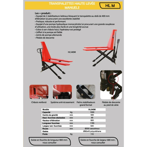 Stockman - Transpalette haute levée manuel 1000 Kg 1165x540mm - HL540M