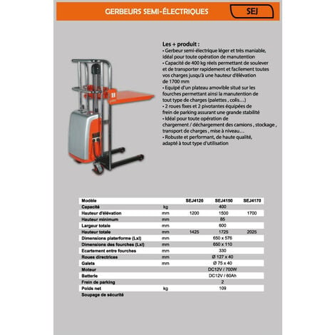 Stockman - Gerbeur semi électrique 400 Kg 1200 mm - SEJ4120
