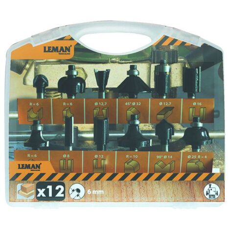 Leman – Coffret de 12 mèches de défonceuse carbure 6 mm – Pour défonçage, rainurage et moulurage – Compatible avec défonceuses 6 mm