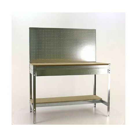 SimonRack Etabli d’Atelier avec Tiroir à Glissières Télescopiques, Capacité de Charge 400 kg, 1445x910x610 mm, Panneau Perforé, Table de Travail Bricolage, Galvanisé/Bois - Bt-2