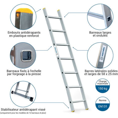 Echelle simple StablePro 7 marches en aluminium, légère et durable, hauteur de travail maximale 2,95m, garantie 5 ans, charge maximale 150kg, Hostrom