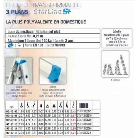 Tubesca - Echelle transformable 3 plans 7+7+7 échelons Haut. d'accès max 5,13m - STARLINE S+