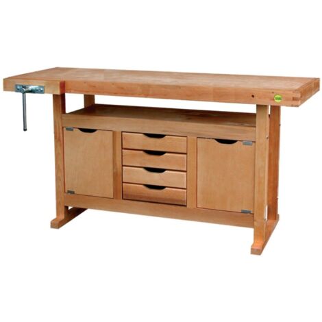 Outifrance – Établi bois 1,20 m avec caisson de rangement – Plateau en bois multiplis 25 mm – Ceinture en bois massif 70 mm – Pour menuiserie professionnelle