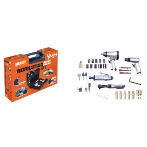 Nuair – Kit compresseur Mecafer RevolutionAir – 4 outils + 30 accessoires – Clé à chocs, meuleuse droite, marteau burin – Garantie 2 ans