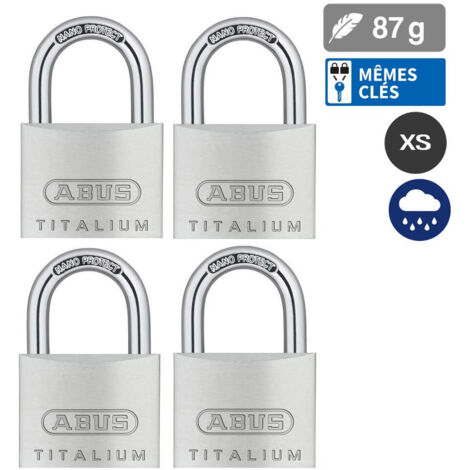 Abus – Lot de 4 cadenas extérieur 40mm – Aluminium TITALIUM™ – 5 clés – Sécurité niveau 5 – Anse acier cémenté NANO PROTECT™