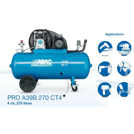 Abac – Compresseur à piston 4 CV 200 litres – Débit d’air 29,16 m³/h – Pression 10 Bar – Moteur à courroie pour travaux exigeants