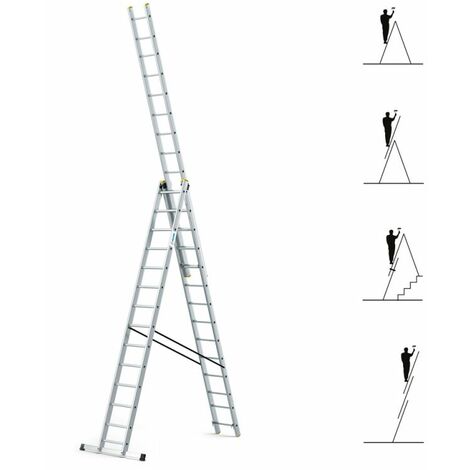 Echelle transformable 3 plans StablePro 3x14 marches aluminium extensible coulissante, 6 positions, hauteur travail max 9,62m, garantie 5 ans, Hostrom