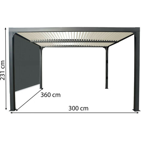Pergola bioclimatique Habrita Foresta PER 3630 R BI W aluminium 10,80m2 toiture écru avec rideau manuel gris pour côté 3m