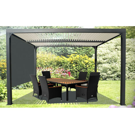 Pergola bioclimatique Habrita Foresta PER 3630 R BI W aluminium 10,80m2 toiture écru avec rideau manuel gris pour côté 3m